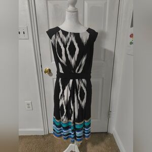Max & Cleo Black and White Sleeveless Midi Dress with Blue and Tan Stripe Hem